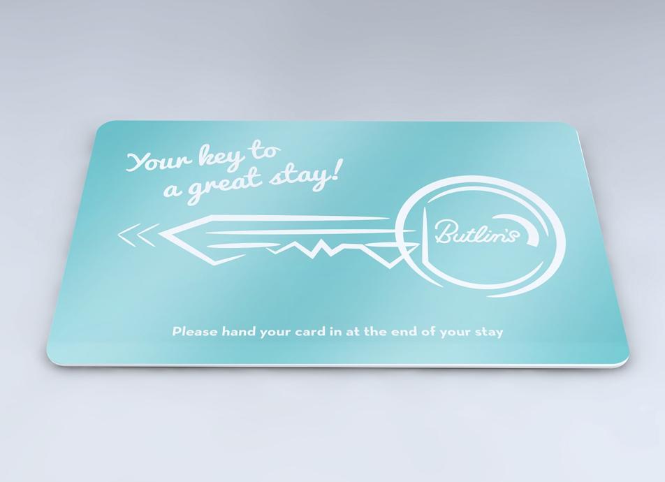 Light Blue Butlins Hotel Key Card Full Image on white background with Illustration of a key