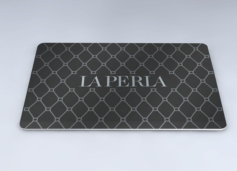 Black La Peri gift card on patterned background with white logo