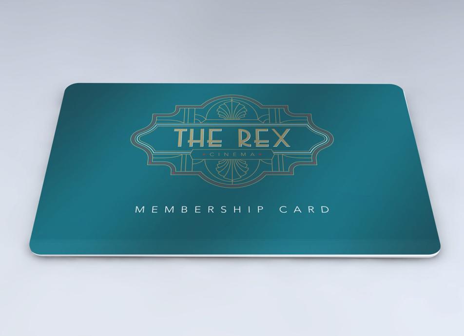 The Rex membership card with gold logo on blue background