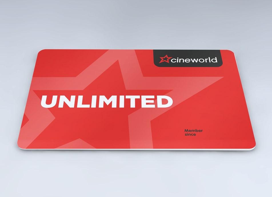 Red Cineworld unlimited membership card with logo, white text and star image